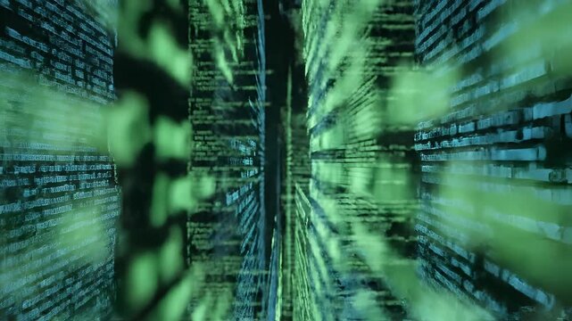 Abstract digital code stream flowing through futuristic cyberspace.