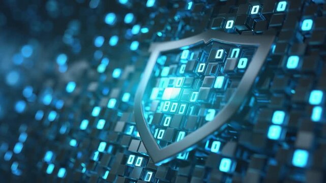 Digital shield with binary code background, representing data security and technology. ..Created with Generative AI, not depicting real subjects.