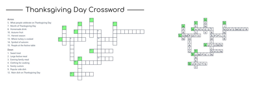 Thanksgiving Day crossword with answers for kids activity