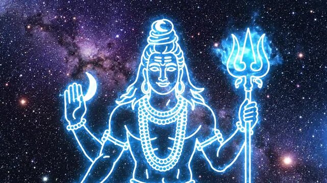 Neon illustration of a spiritual figure against a cosmic background