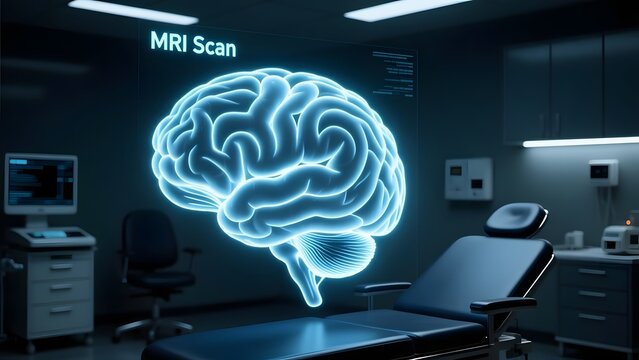Futuristic MRI scan of human brain, glowing blue holographic brain interface in medical room, advanced neurology diagnostic technology concept