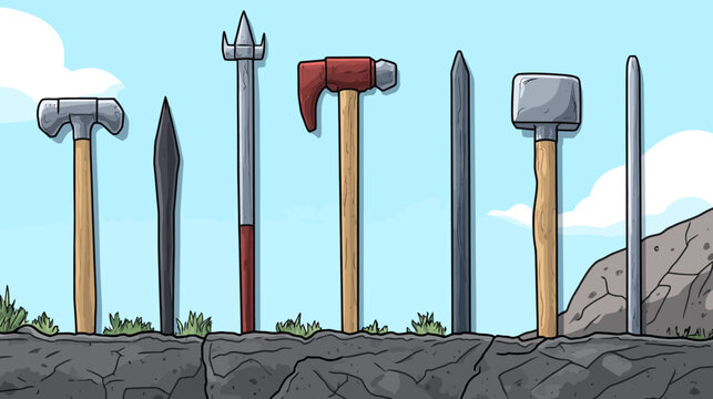 Array of fighting tools including hammers, axes, and weapons in landscape