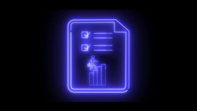 Neon light effect animation of a document icon with a checklist and bar chart. Ideal for financial reports, project management, or productivity topics.