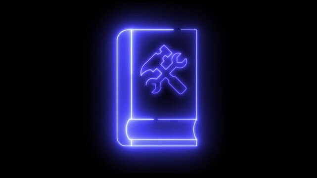 Neon light effect animation of a book icon with a crossed wrench and hammer icon. Suggestive of DIY, repair, or technical manuals.