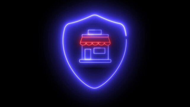 Neon light effect animation of a shield icon protecting a shop icon. Ideal for websites or apps about shop protection.