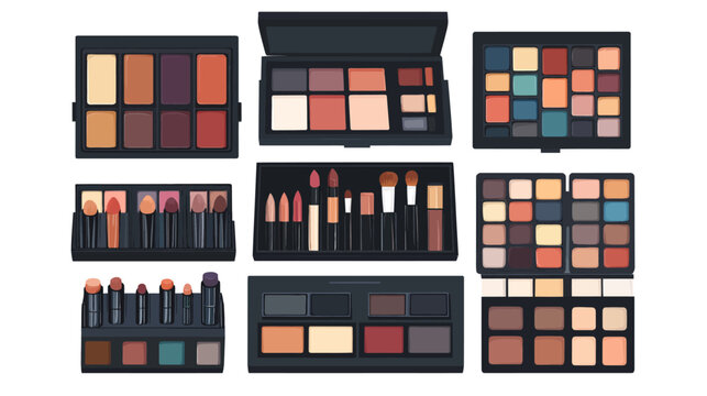 Collection of makeup palettes, brushes, lipsticks, and eyeshadows