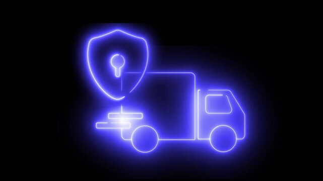 Neon light effect animation of a truck icon with a shield icon and glowing outline. The image is suitable for themes related to logistics, delivery, or cybersecurity.