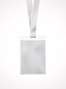 A blank vertical ID card badge holder with a white lanyard ribbon, isolated on a white background, perfect for corporate identity and event pass mockups
