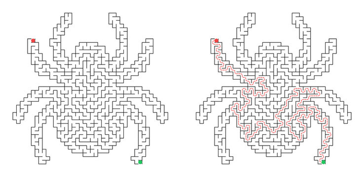 Halloween spider shaped maze for kids activity with solution grid