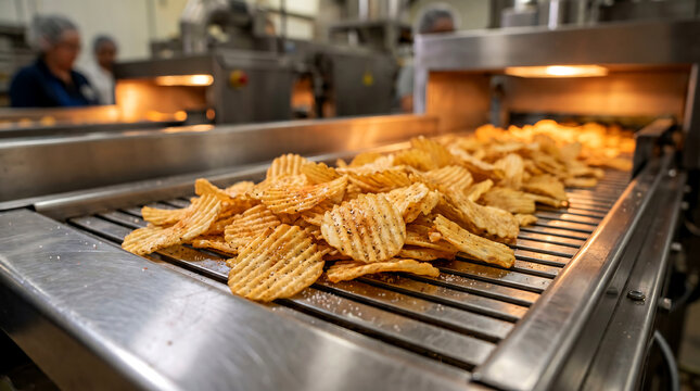 Industrial Production of Potato Chips on Conveyor Belt in Food Factory