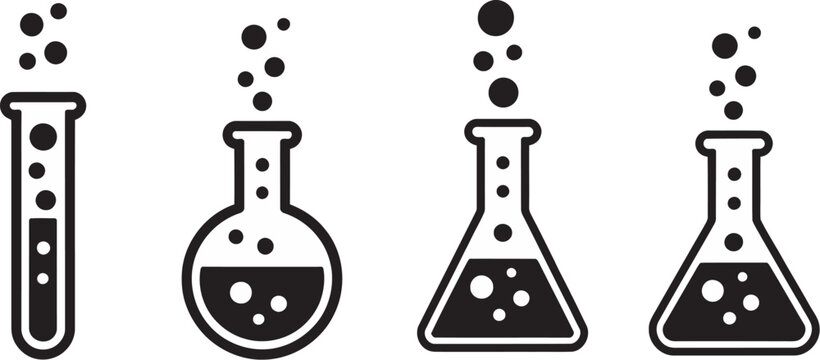 Laboratory glassware set black line art on white background, vector illustration for chemistry, science education, medical research, laboratory experiments, and academic design projects.