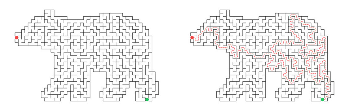 Christmas polar bear shaped maze for kids activity with solution grid