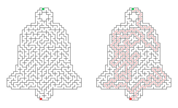 Christmas bell shaped maze for kids activity with solution grid