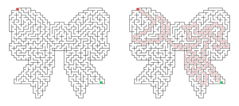 Christmas bow shaped maze for kids activity with solution grid