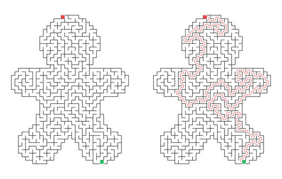 Christmas gingerbread man shaped maze for kids activity with solution grid