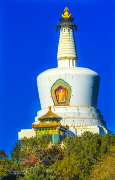 Colorful Buddhist White Dagoba Stupa Memorial Beihai Park Beijing China