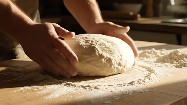 Closeup of hands kneading dough on a floured wooden surface.