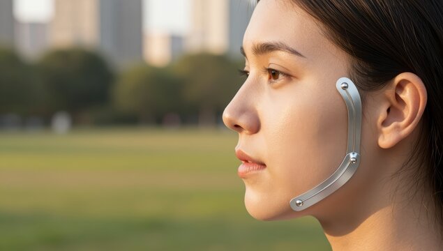 Young woman with futuristic facial implant device on cheekbone in profile outdoors