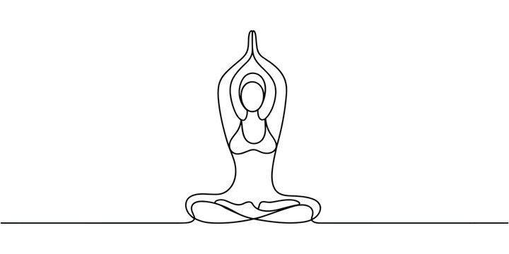 Black line of a person sitting in lotus position with hands raised line black line single line continuous line