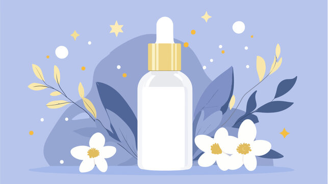 Illustration of a white dropper bottle surrounded by flowers and leaves