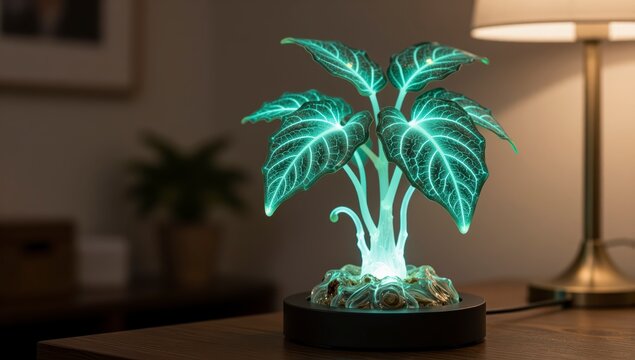 Glowing futuristic artificial plant lamp with teal light on wooden table