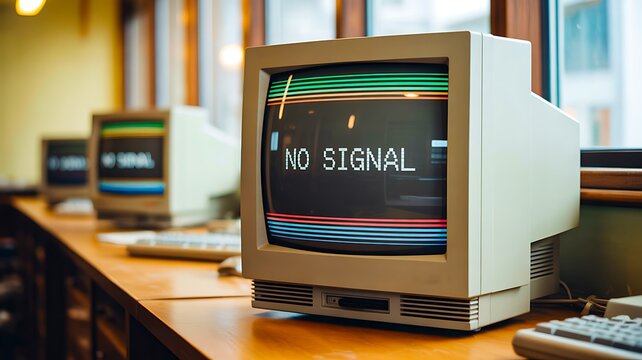 Vintage computer monitor displaying no signal message in classroom