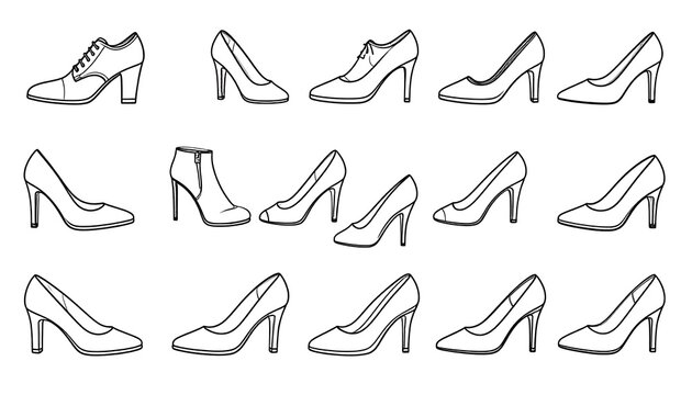 Minimalist Women Shoe Outline Collection Arranged in Grid on Light Gray Background