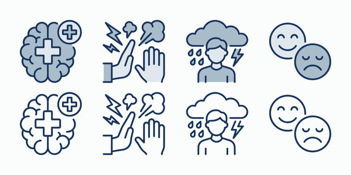 Mental Health Awareness Icon Collection with Emotional Wellness Therapy and Psychological Support Symbols for Healthcare Graphic Design