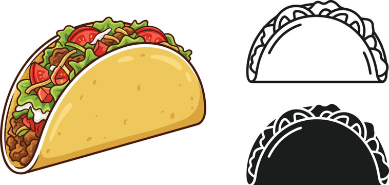 Mexican Taco Food Icon Collection with Fast Street Cuisine and Delicious Meal Symbols for Restaurant Graphic Design