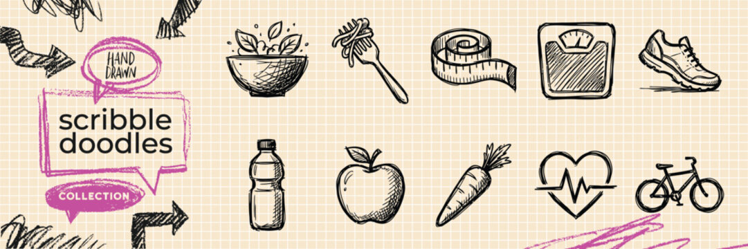 Hand drawn doodle vector set of office workspace computer desk business furniture and stationery tools