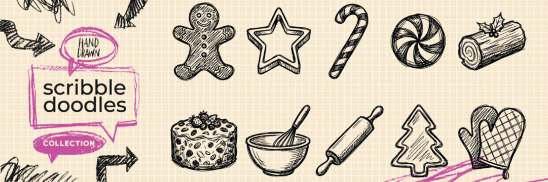 Hand drawn doodle vector set of office workspace computer desk business furniture and stationery tools