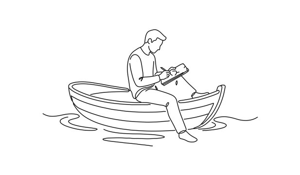 Continuous Line Drawing of Man Sitting in Boat Writing on Clipboard