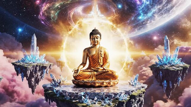 Meditating buddha amidst celestial bodies spiritual and cosmic visuals