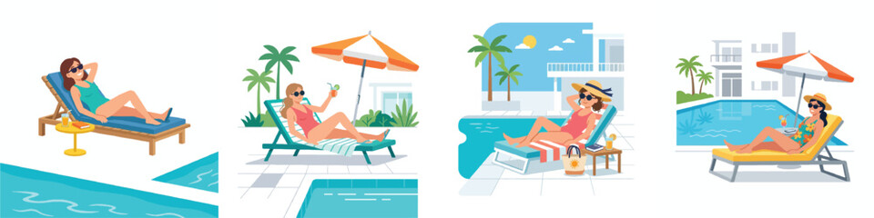 Fototapeta premium A simple flat vector of a guest relaxing on a sun lounger by the hotel pool, wearing sunglasses. Minimalist, no outline, modern bright colors, plain white background.