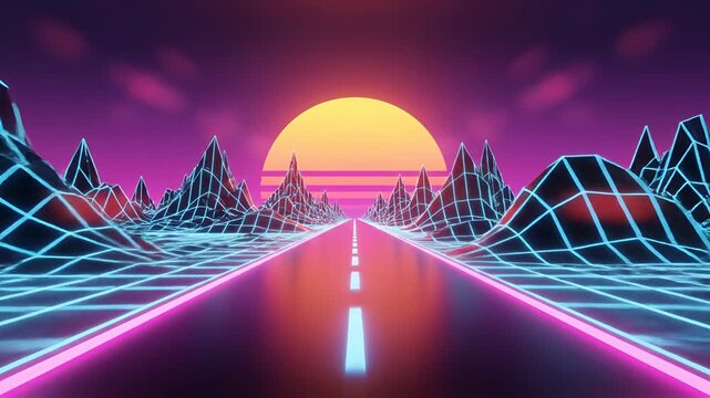 Retro Futuristic Neon Grid Landscape Road Towards Sunset.
