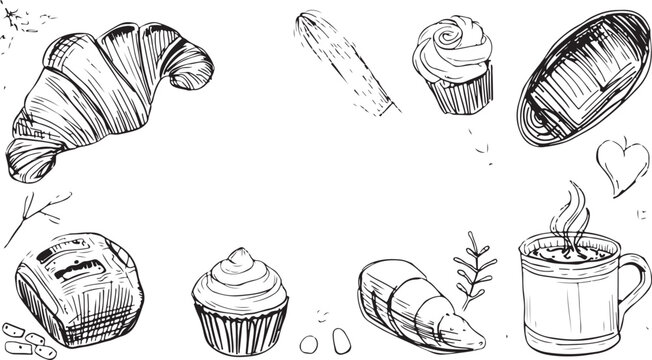 Bold black and white hand-drawn bakery and caf&eacute; icon set featuring a croissant, cupcakes, muffin, eclair, hot coffee mug, bread roll, and floral sprigs in a loose ink sketch style