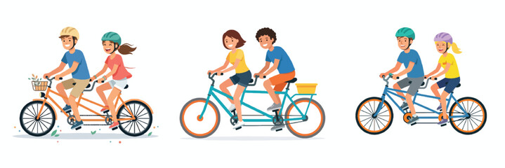 Fototapeta premium A couple riding a tandem bicycle together, flat design vector, clean and simple, no outline, cheerful bright colors, plain white background. 