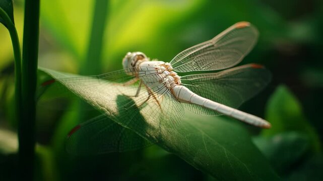 Close-up of a white dragonfly resting on a green leaf in natural sunlight.