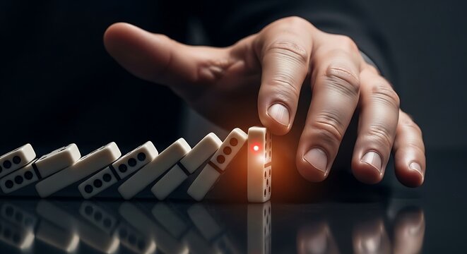 Businessman Hand Stopping Falling Dominoes Representing Crisis Management and Risk Control