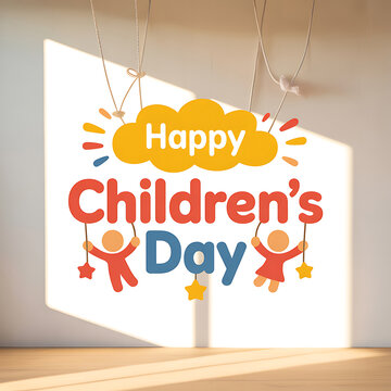 Happy childrens day celebration sign with colorful illustrations and text on a sunny background with a wooden floor and white wall