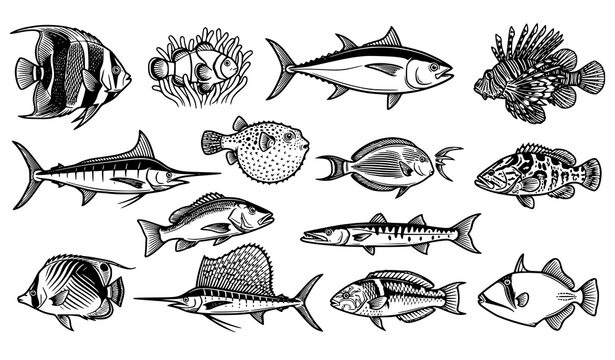 Vintage Engraving Style Fish and Marine Life Hand Drawn Vector Illustration Collection