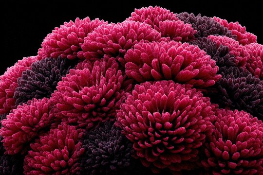 Macro photograph of a dense cluster of erythrocytes under a scanning electron microscope showing vibrant scarlet color and velvety surface texture.