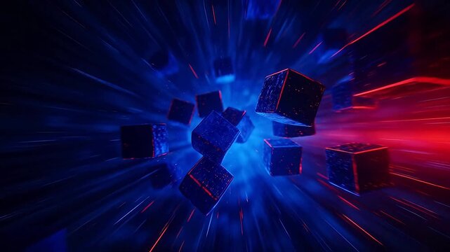 Floating glossy colored cubes in red and blue over dynamic speed background with purple tones