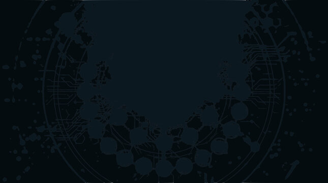 Abstract futuristic circular pattern with glowing particles and circuit board elements on dark background