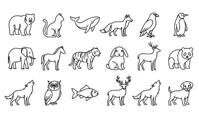 Wild Animals and Forest Creatures Minimal Outline Vector Icon Collection Set © Keyapayal
