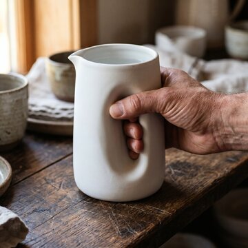 어두운 고재 나무 선반 위 손바닥 밀착형 세라믹 저그(Jug)