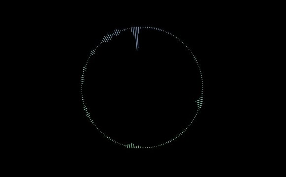 colorful audio wave or sound frequency digital animation effect on green screen background. Glowing circle with damaged edges on black.