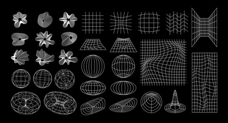 Abstract Wireframe Set 3D Geometric Shapes. Mesh Grids. Circle Globe drop distorted planes funnel Abstract Wavy Figures Convex. Graphic Design Elements. Editable strokes. Vector Illustration Y2K Icons © T. Lusin