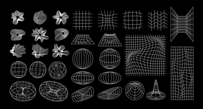 Abstract Wireframe Set 3D Geometric Shapes. Mesh Grids. Circle Globe drop distorted planes funnel Abstract Wavy Figures Convex. Graphic Design Elements. Editable strokes. Vector Illustration Y2K Icons