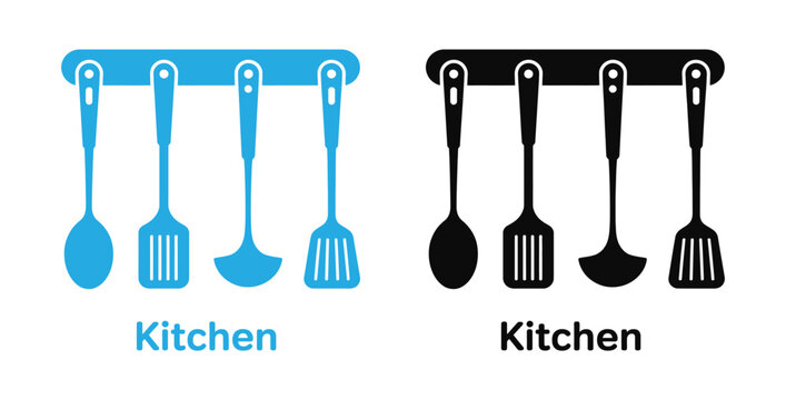 Kitchen utensil icons set with spoons and spatulas in blue and black vector illustration
